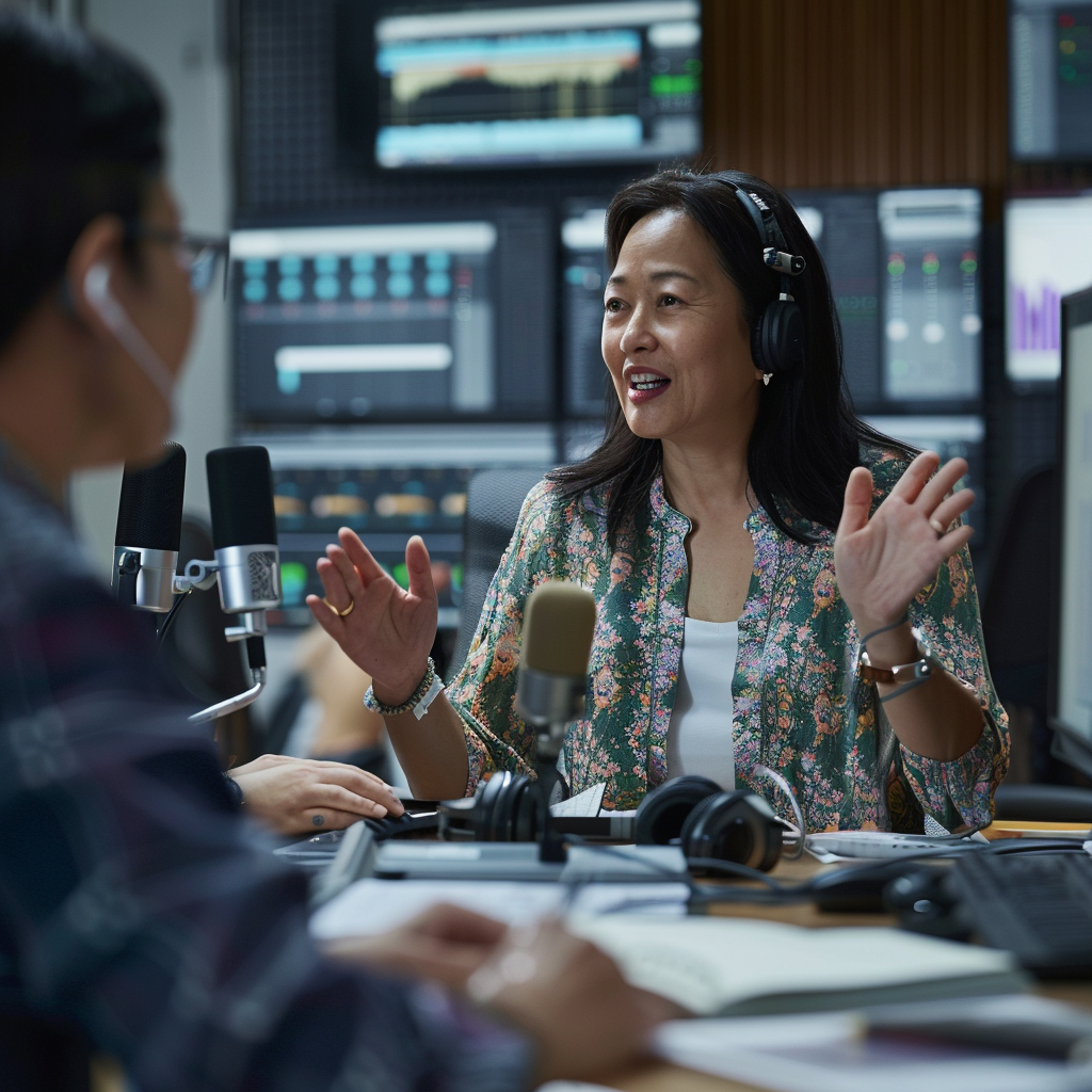 Branded podcast producer and team strategizing in a high-tech podcast studio.