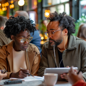Professionals gathered in a coffee shop listening to a podcast