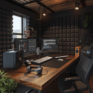 This image illustrates a state-of-the-art B2B podcast production studio, equipped with the latest audio technology and designed to meet the specific needs of business-oriented podcasting.