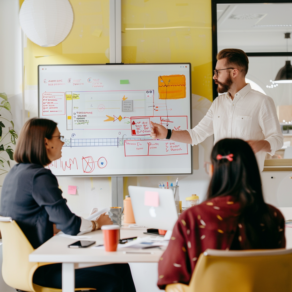 Team members planning a branded podcast strategy