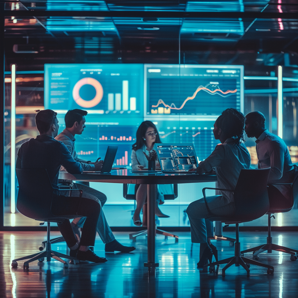 Corporate team discussing podcast production strategies around a digital-laden conference table.