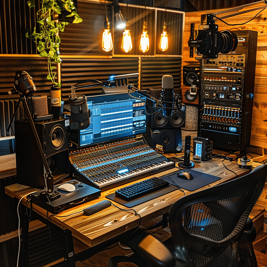 Corporate podcast studio equipped with high-end recording technology.
