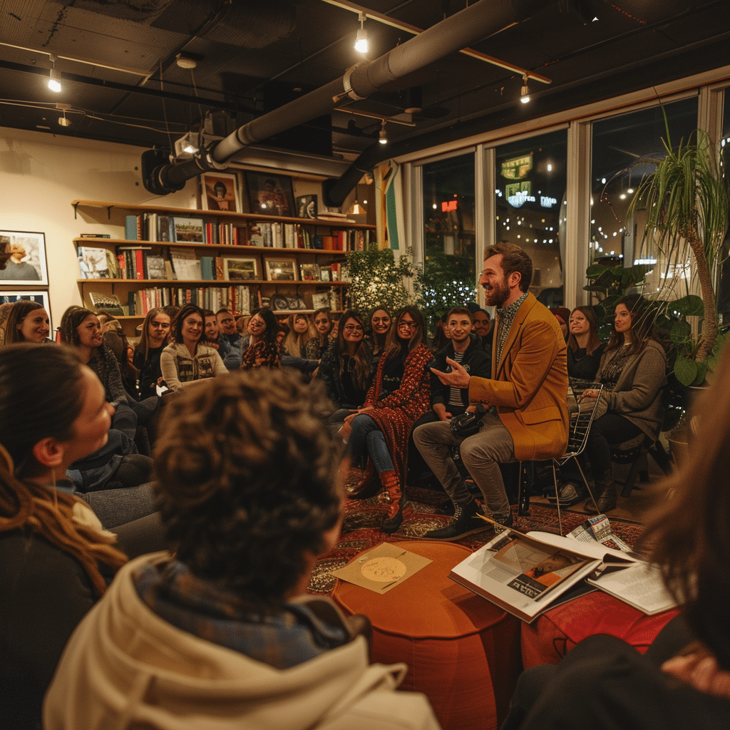 Podcast host interacting with listeners during a live community event.