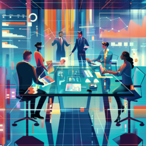 Business team brainstorming B2B podcast strategies in a tech-enabled meeting room.