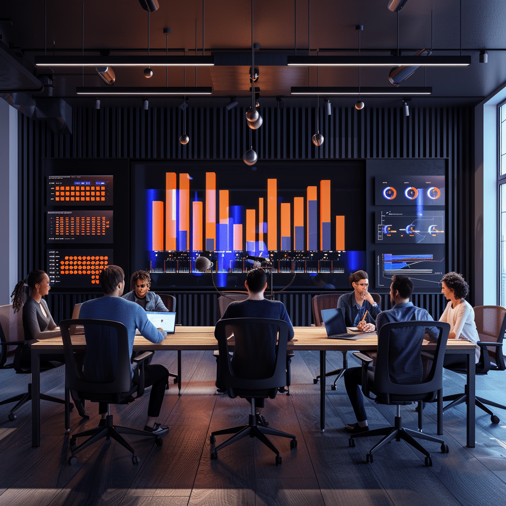 A diverse team discusses podcast strategy in a high-tech workspace surrounded by podcasting equipment and digital analytics.