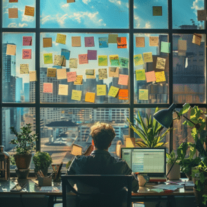 A podcast host at work in a sunny home office, surrounded by notes with podcast episode titles, showcasing the personal touch in podcast creation.