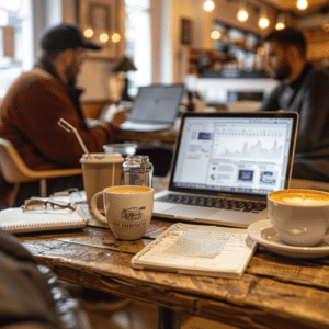 Marketers brainstorming a podcast for brands at a coffee shop, with podcast analytics visible on a laptop.