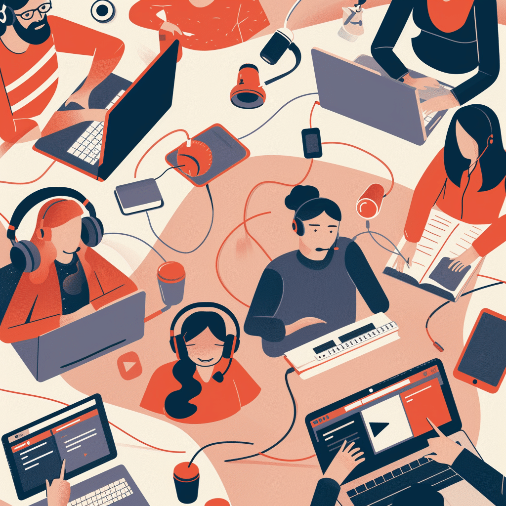 Podcasters participating in a workshop, focused on their screens displaying tips for writing podcast episode titles, emphasizing continuous learning in content creation.