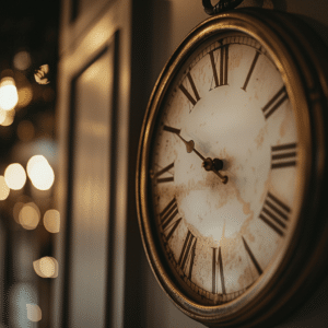 A large, vintage clock hangs prominently on a wall, symbolizing the critical timing of your podcast and the importance of being timely in podcast releases to match seasonal trends. The clock’s hands point to a crucial moment, adding a sense of urgency. The lighting is soft yet focused, highlighting the expressions of anticipation.