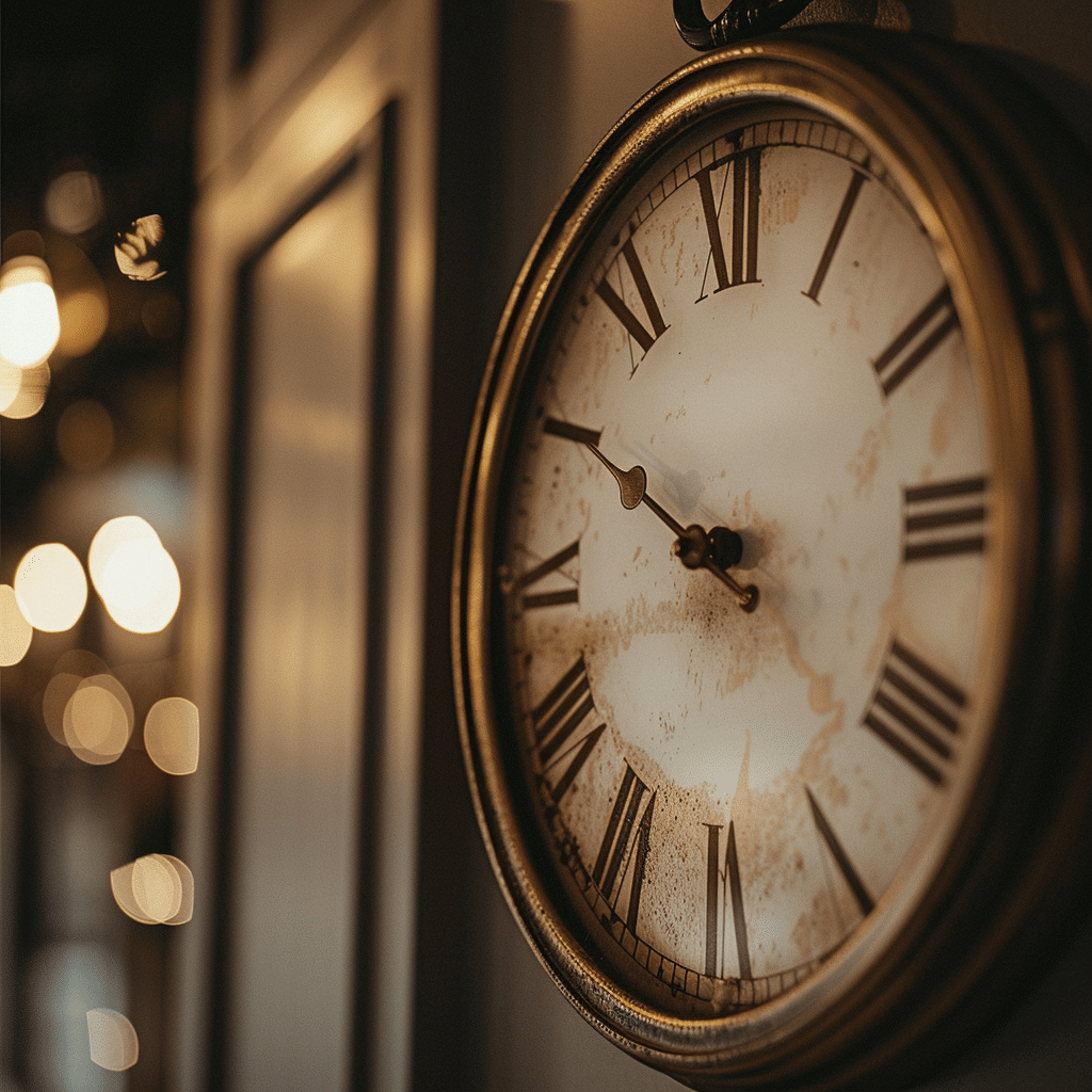 A large, vintage clock hangs prominently on a wall, symbolizing the critical timing of your podcast and the importance of being timely in podcast releases to match seasonal trends. The clock’s hands point to a crucial moment, adding a sense of urgency. The lighting is soft yet focused, highlighting the expressions of anticipation.