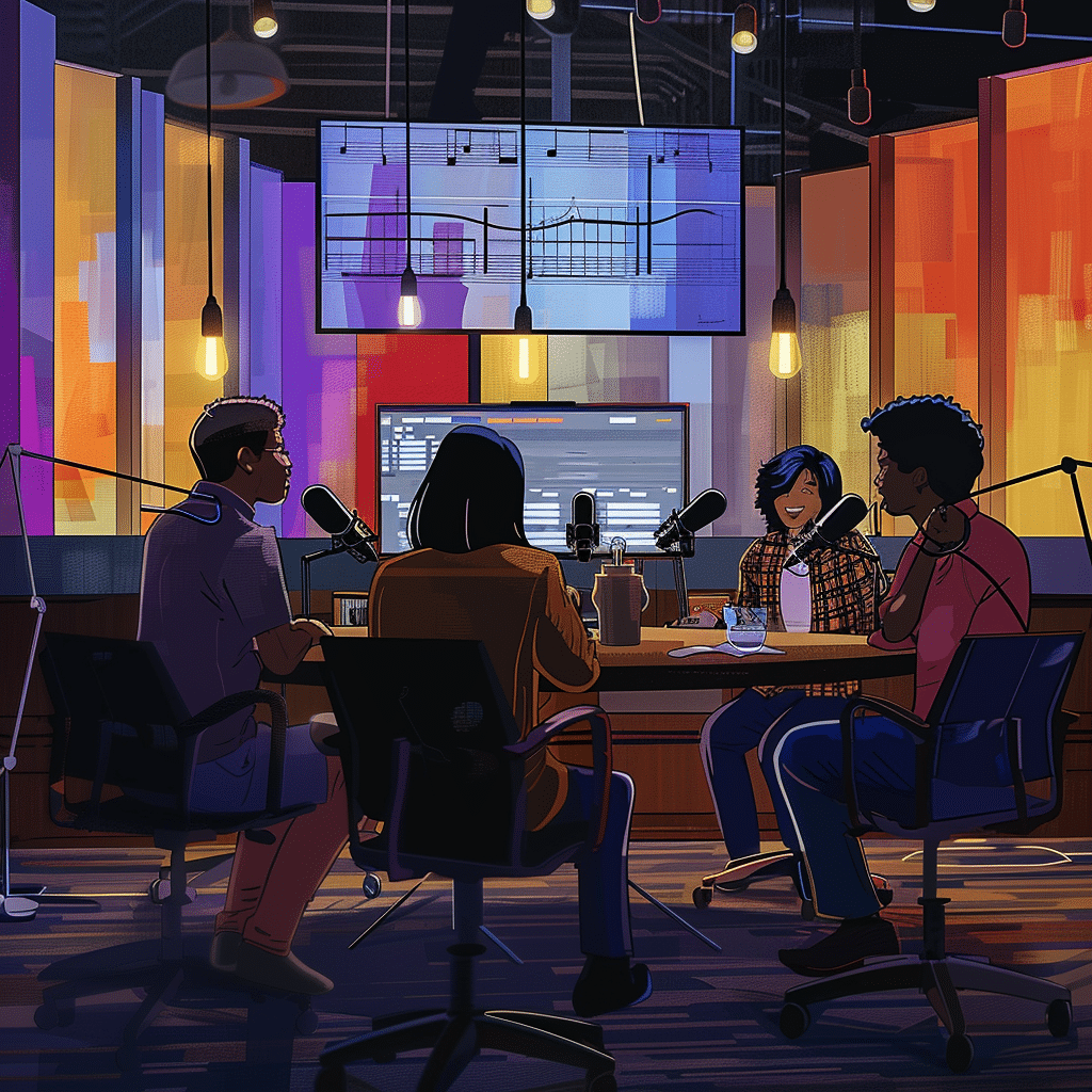 A well-equipped podcast studio with diverse hosts recording a branded podcast, showcasing professional audio equipment and podcast intent in a creative setting.