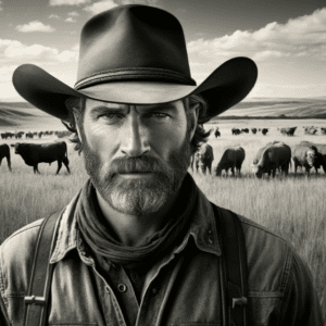 A close up portrait of a stern-faced rancher wearing a cowboy hat, with a herd of buffalo in the grassy plains behind him, epitomizing the hardy spirit of the American West.