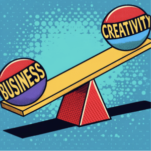 A seesaw with 'BUSINESS' on one end and 'CREATIVITY' on the other, perfectly balanced on a bright red fulcrum, against a speckled blue background, depicting the balance between the two forces in the corporate world.