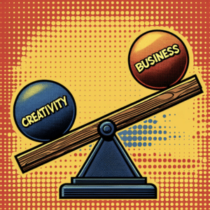A pop-art style seesaw with spheres marked 'CREATIVITY' and 'BUSINESS' balanced on either end, set against a dotted yellow and orange background, symbolizing the balance between creative innovation and business strategy.