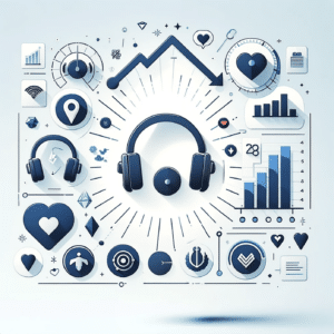 Digital illustration representing successful podcast marketing, featuring icons of growth, engagement, and analytics like an upward trending graph, headphones, a heart, and social media symbols, in a professional color scheme of blue, grey, and white, symbolizing technology and digital media expertise.