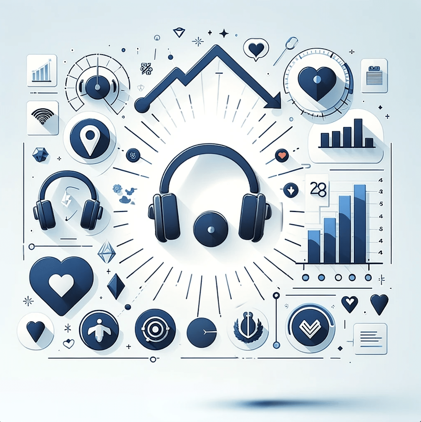 Digital illustration representing successful podcast marketing, featuring icons of growth, engagement, and analytics like an upward trending graph, headphones, a heart, and social media symbols, in a professional color scheme of blue, grey, and white, symbolizing technology and digital media expertise.