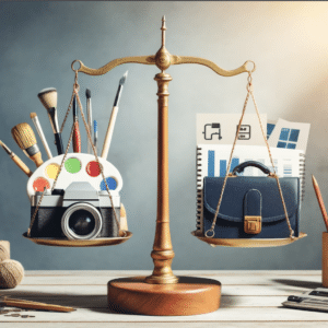A scale balancing artistic tools and a camera on one side representing creativity with a briefcase and business analytics on the other representing marketing objectives, embodying the harmony between creativity and business strategy.