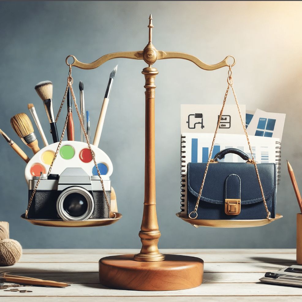 A scale balancing artistic tools and a camera on one side representing creativity with a briefcase and business analytics on the other representing marketing objectives, embodying the harmony between creativity and business strategy.