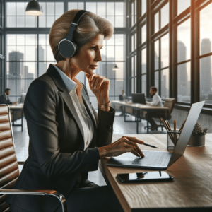 Senior executive woman enjoys podcasts for businesses in a modern office listening the best business podcast, an important channel for digital marketing, symbolizing the influence of digital media on business leaders.