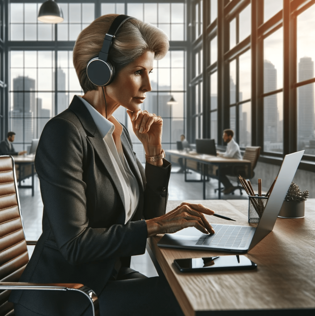 Senior executive woman enjoys podcasts for businesses in a modern office listening the best business podcast, an important channel for digital marketing, symbolizing the influence of digital media on business leaders.