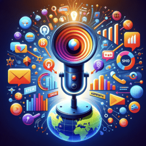 Megaphone with digital growth charts and global network connections, representing effective strategies for expanding podcast reach for business podcasts and branded podcasts.