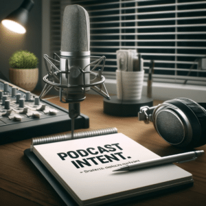 Modern podcast studio setup emphasizing podcast intent, featuring a microphone, headphones, and a notepad with 'Podcast Intent' written, highlighting the strategic preparation for podcast creation.