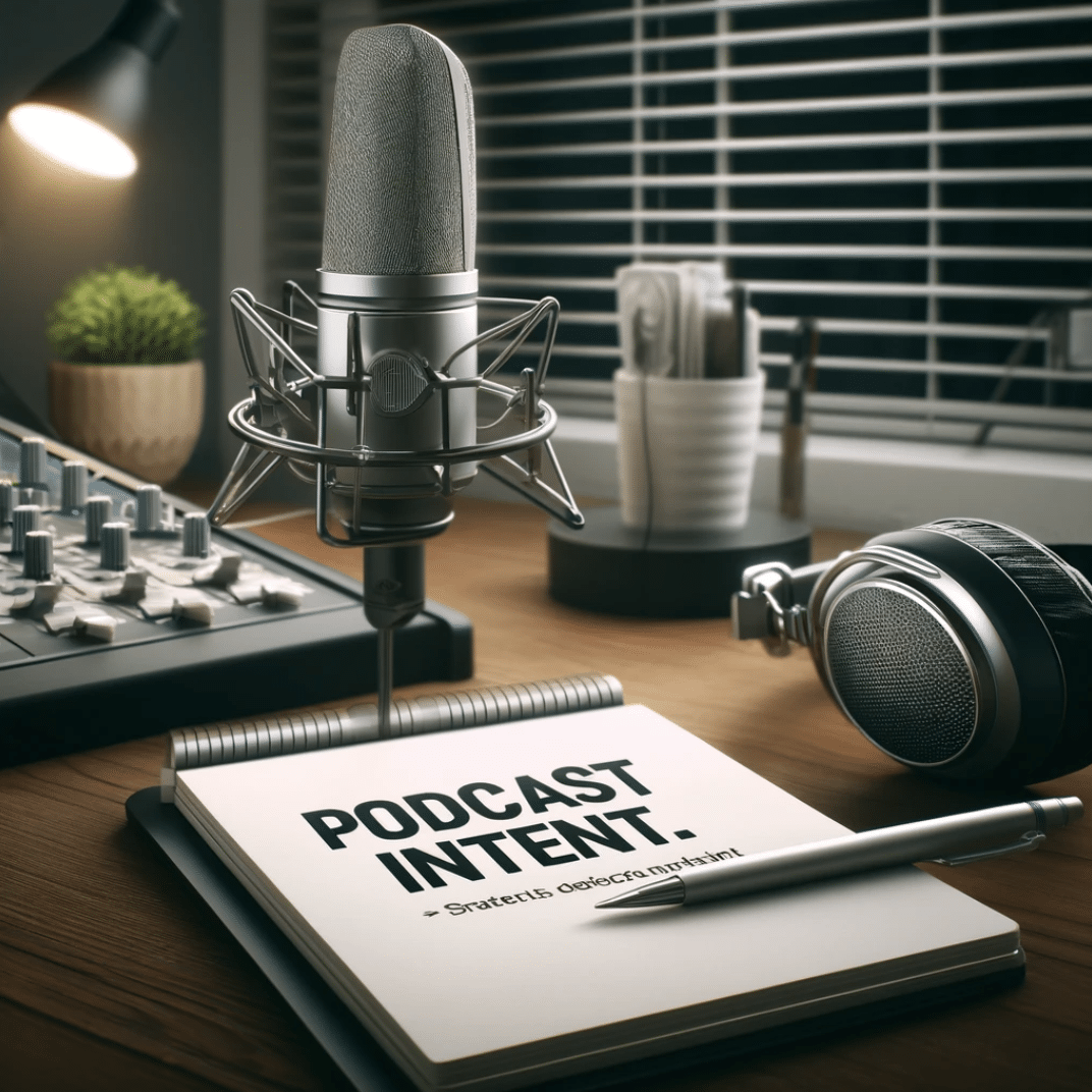 Modern podcast studio setup emphasizing podcast intent, featuring a microphone, headphones, and a notepad with 'Podcast Intent' written, highlighting the strategic preparation for podcast creation.