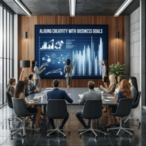 Marketing professionals in a meeting room discussing strategies to align creativity with business goals, illustrated by a digital display showing relevant metrics and strategies.