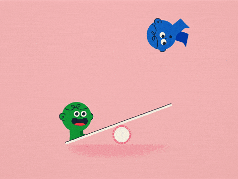 A fun, animated GIF featuring two cartoon characters on a seesaw, one green and one blue, portraying the lighthearted nature of maintaining balance, set against a soft pink background.