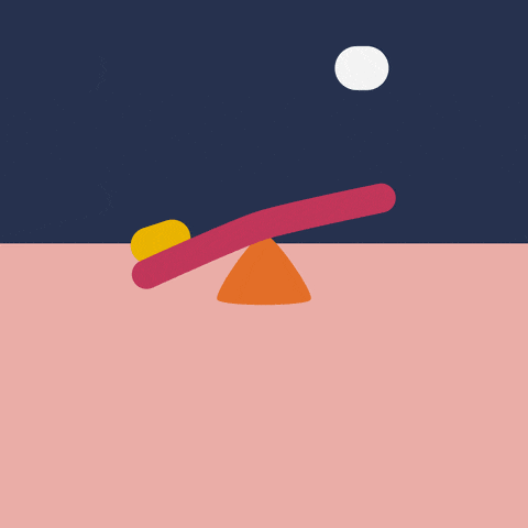An animated GIF of a stylized seesaw gently tilting back and forth on an orange fulcrum, set against a navy-blue night sky and a dusty rose ground, symbolizing the dynamic equilibrium between competing priorities.