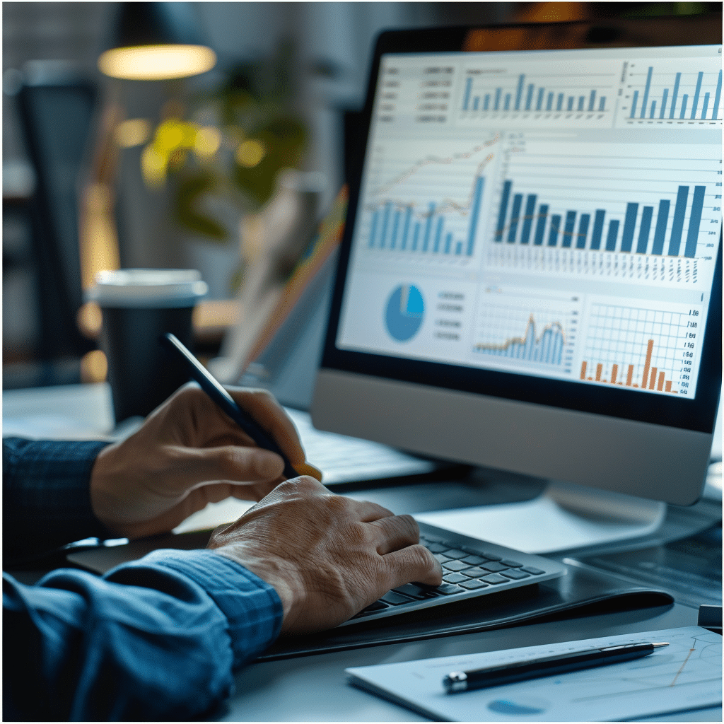 A person is analyzing complex data on a computer, indicative of the detailed performance metrics review essential in podcast production for enhancing content strategy.