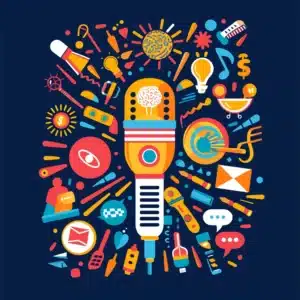 An illustration depicting a microphone surrounded by icons representing the key goals for a B2B podcast: thought leadership, innovation, lead generation, brand awareness, and community building.