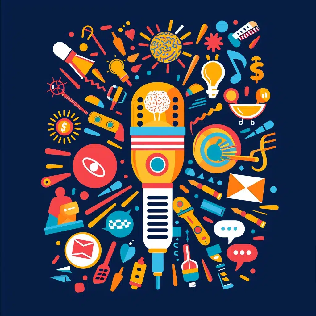 An illustration depicting a microphone surrounded by icons representing the key goals for a B2B podcast: thought leadership, innovation, lead generation, brand awareness, and community building.