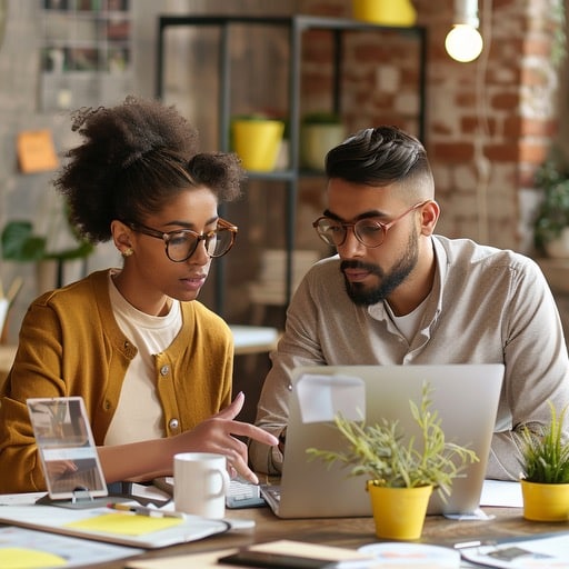 A man and woman collaborating over a laptop in a vibrant office setting, discussing innovative ideas for B2B podcast content.