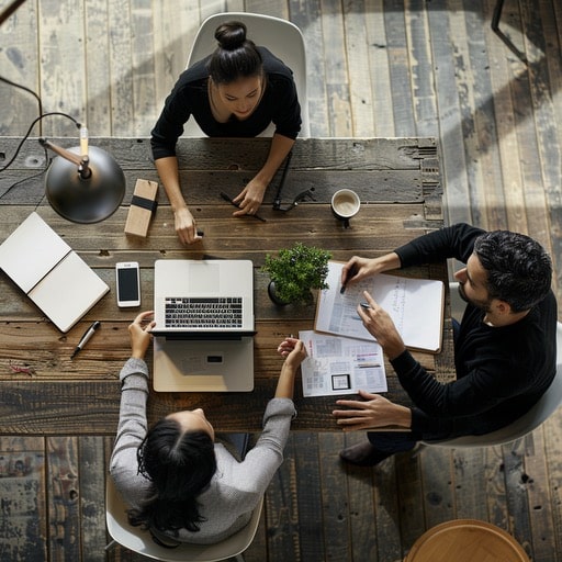 Three professionals (two men and one woman) engaged in a strategic meeting at a wooden table, with documents, a laptop, and coffee mugs, discussing B2B podcast goals.