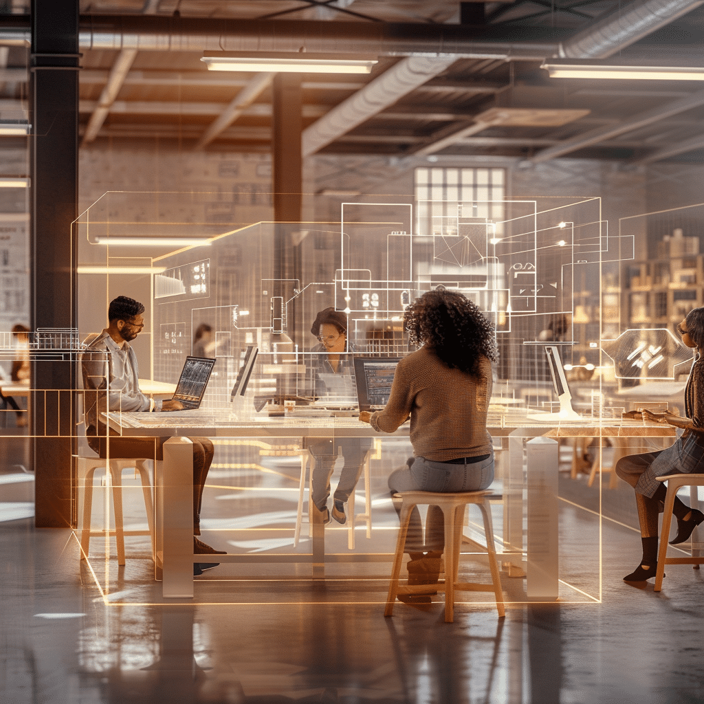 A futuristic workspace showing AI tools and creative professionals working together, highlighting AI’s impact on the creative industries.