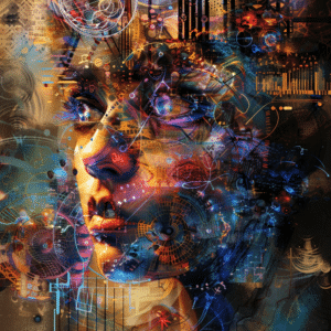 An abstract digital artwork representing AI and human creativity in design, music, and visual arts, showcasing AI’s impact on the creative industries.