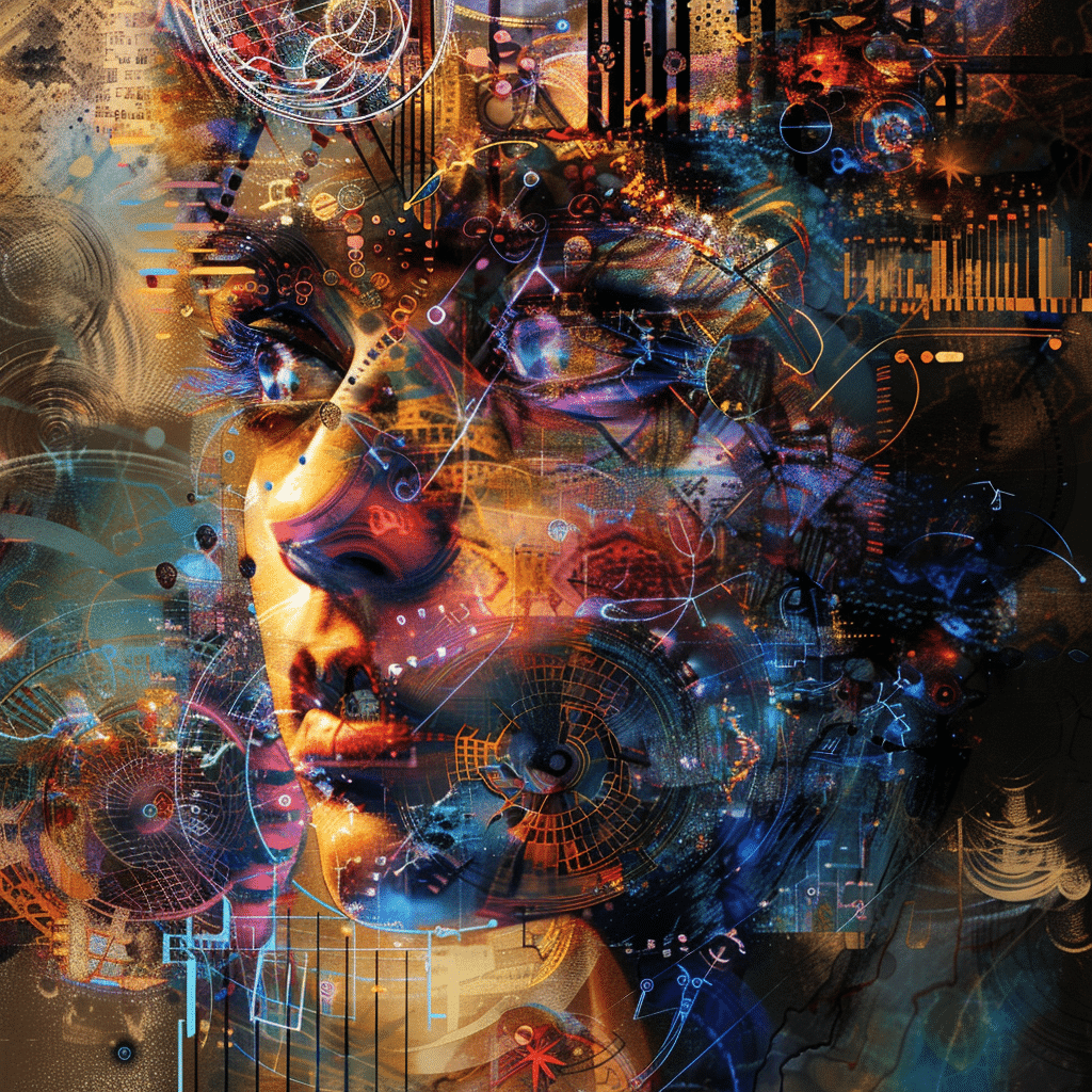 An abstract digital artwork representing AI and human creativity in design, music, and visual arts, showcasing AI’s impact on the creative industries.