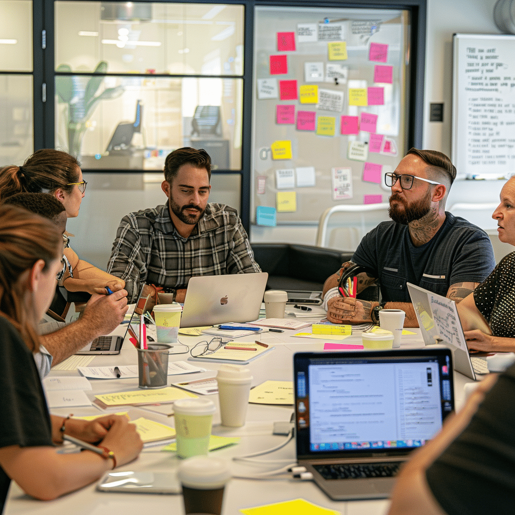 Team of podcast creators brainstorming ideas, emphasizing the collaborative nature of producing engaging branded podcasts.
