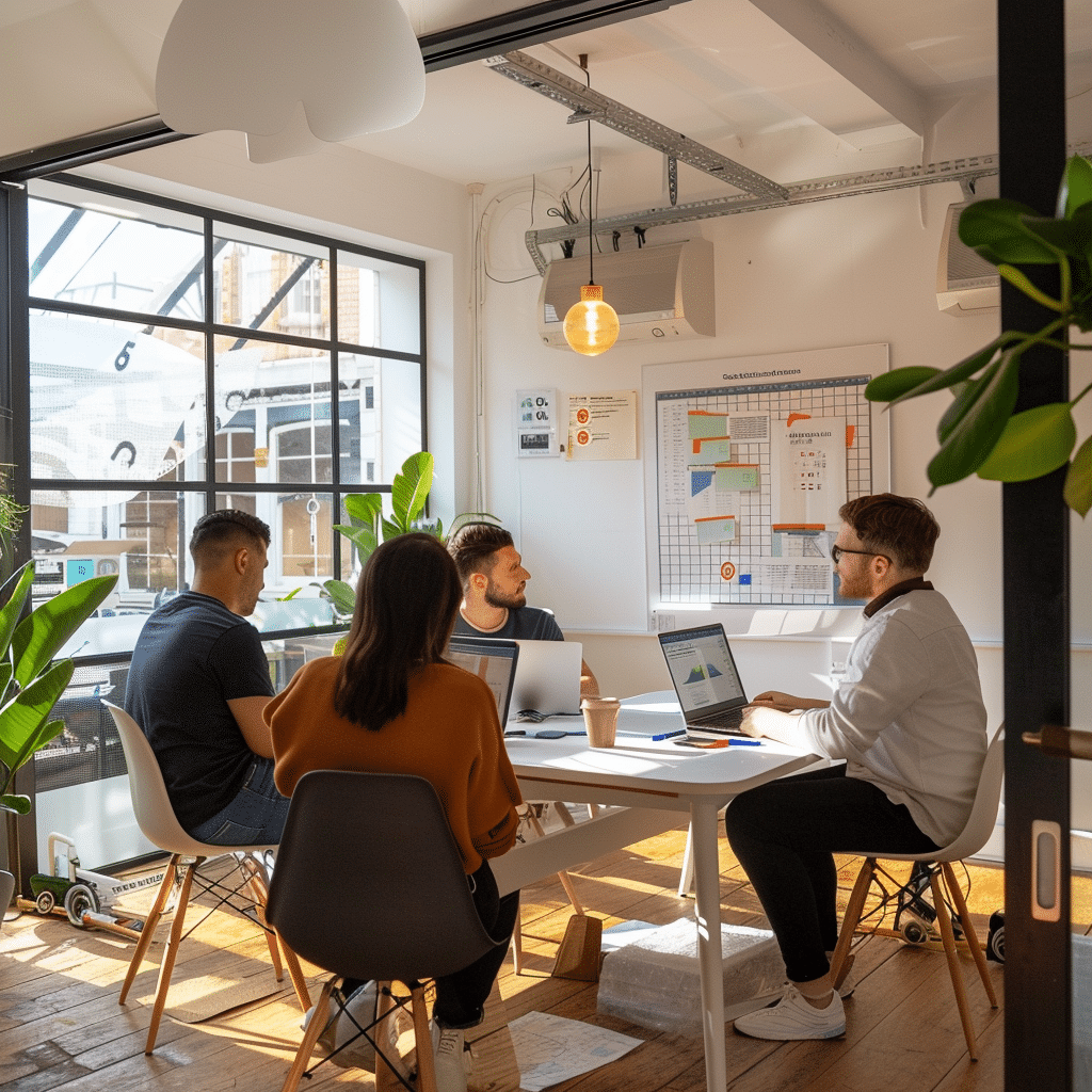 Team of podcast producers brainstorming ideas in a creative office space.