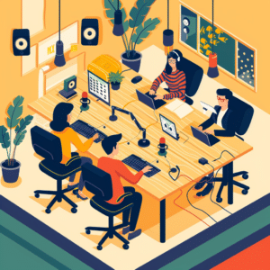 A creative team collaborating in a vibrant workspace, representing a podcast production company's expertise.
