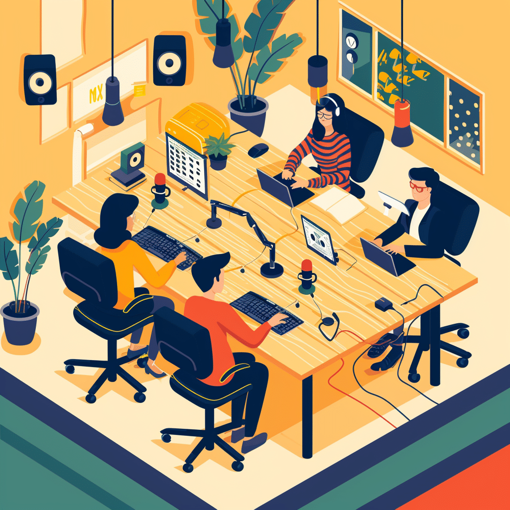 A creative team collaborating in a vibrant workspace, representing a podcast production company's expertise.