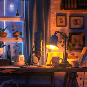 Podcast studio setup emphasizing a trust-building atmosphere with warm lighting and inviting decor.