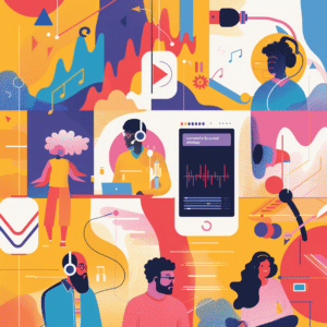 A diverse group discussing a successful branded podcast strategy, with a digital device showing analytics and sound waves in the background.