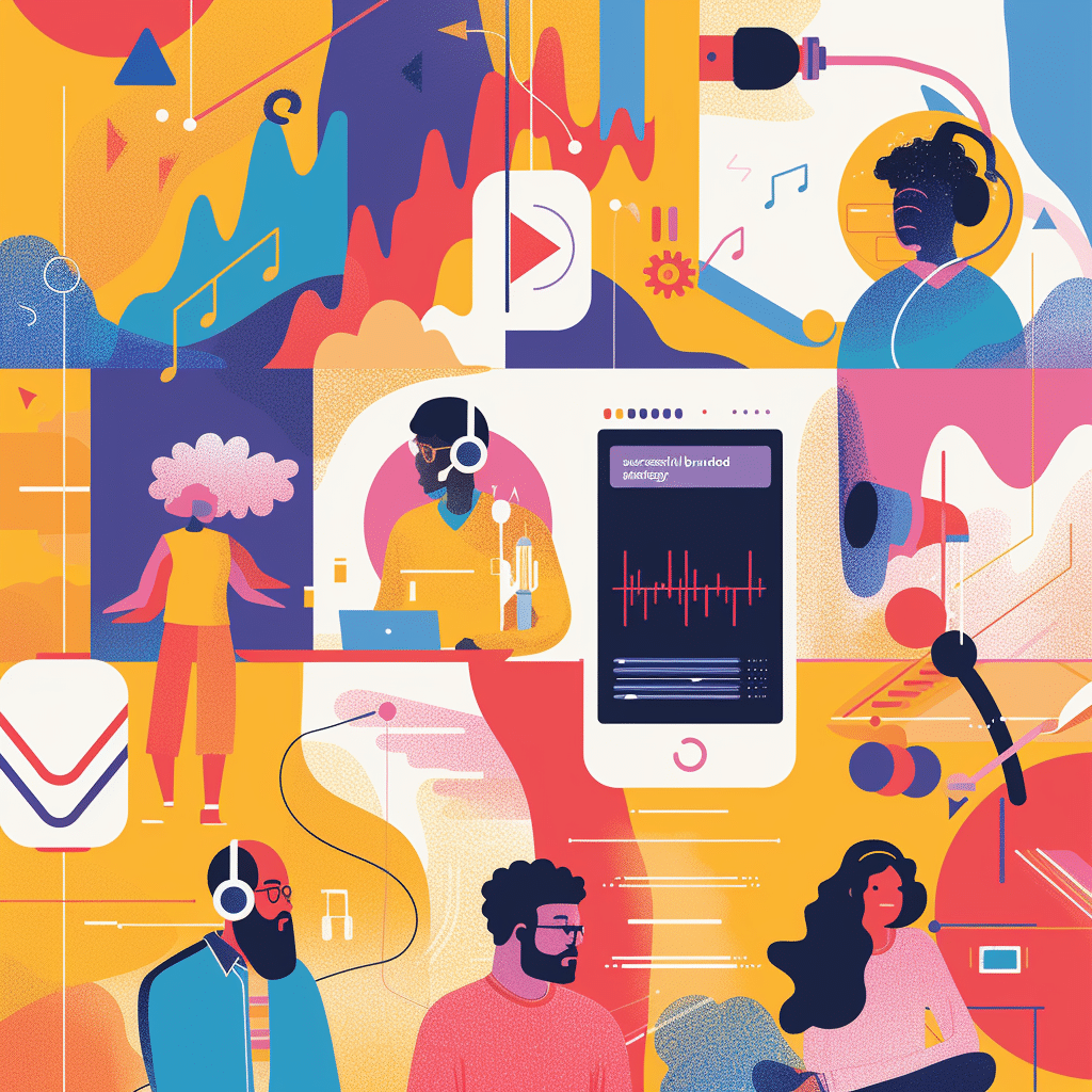 A diverse group discussing a successful branded podcast strategy, with a digital device showing analytics and sound waves in the background.