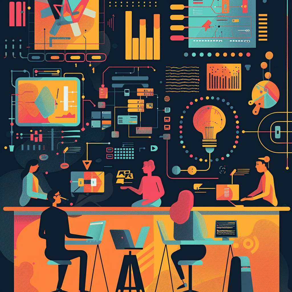 A creative team brainstorming with AI assistance, showcasing ideas, data, and creativity, illustrating AI’s impact on the creative industries.