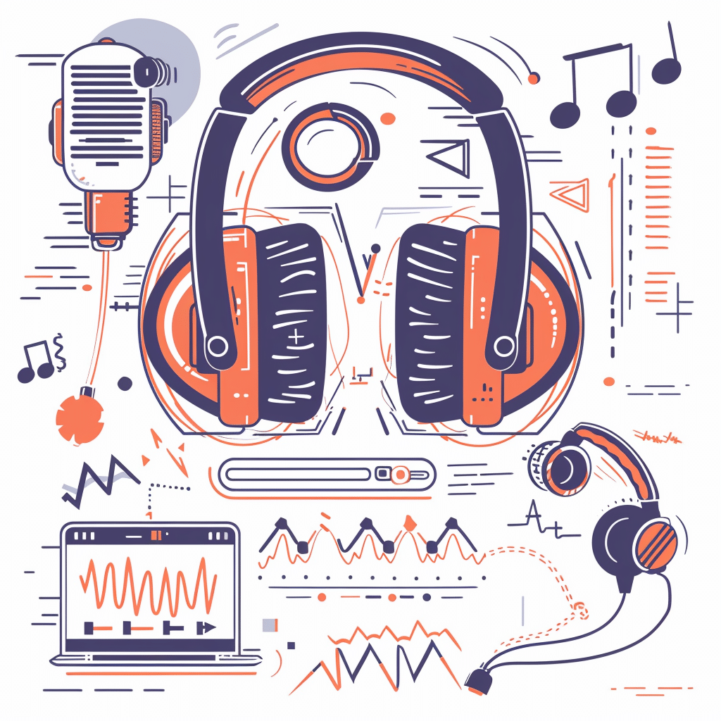 Illustration of creative collaboration in podcast production with headphones, digital audio waves, and brainstorming icons.