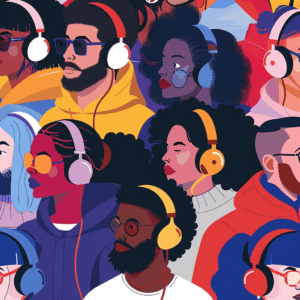 Diverse group of people listening to branded podcasts, highlighting audience engagement.