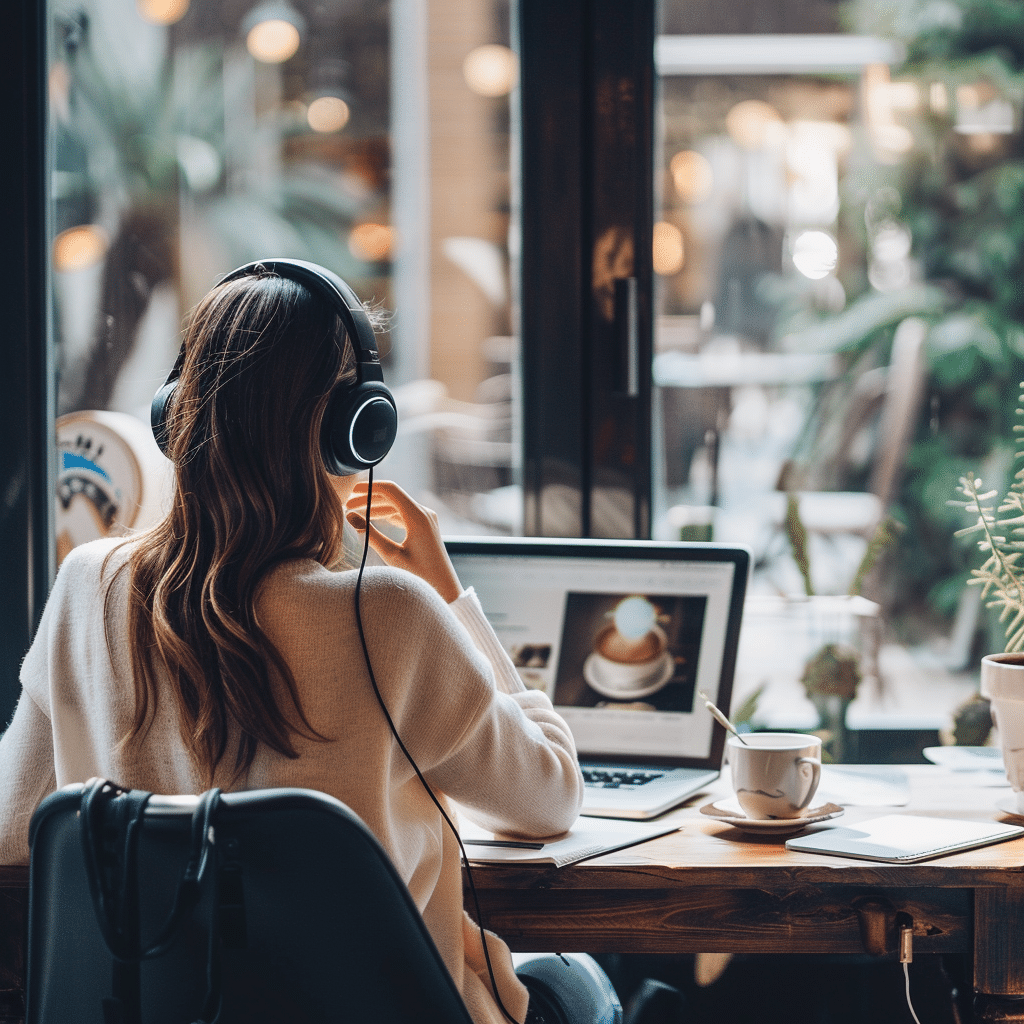 Businesswoman listening to a podcast while taking notes, illustrating active engagement with branded podcast content.