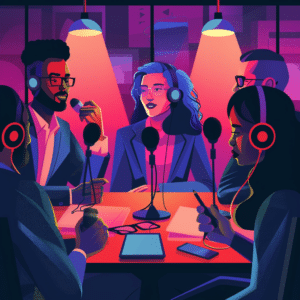 Business podcast listeners engage with B2B podcasts in a modern, collaborative environment.